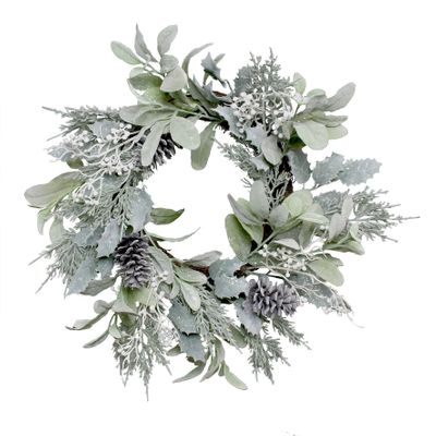 Lambs ear, Holly, Cone, and White Berry flocked wreath 60cm 