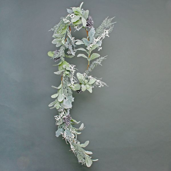 Lambs ear, Holly, Cone, and White Berry flocked garland 180cm