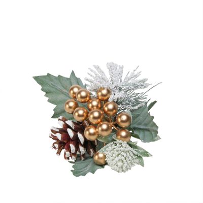 gold snowy berry, spruce and cone pick