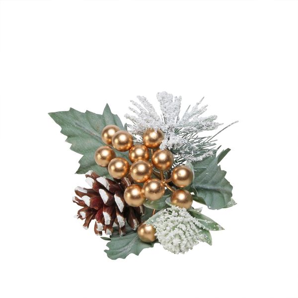 gold snowy berry, spruce and cone pick