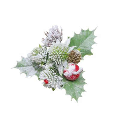 Holly, cone and Red Apple Snowy Pick