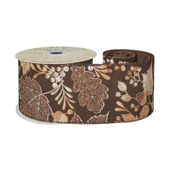 AutumnRibbon with Metallic copper Leaf   63mm x 10y wire edge