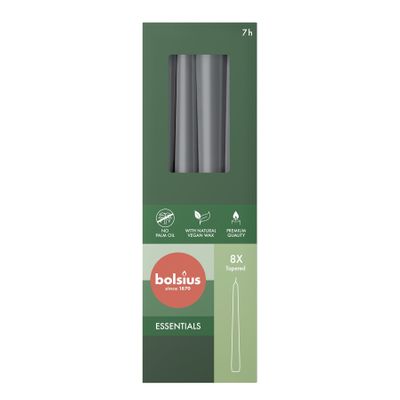 Bolsius Essentials Taper Candles Box of 8 -245x24mm - Stormy Grey