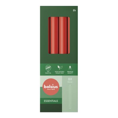 Bolsius Essentials Taper Candles Box of 8 -245x24mm - Delicate Red
