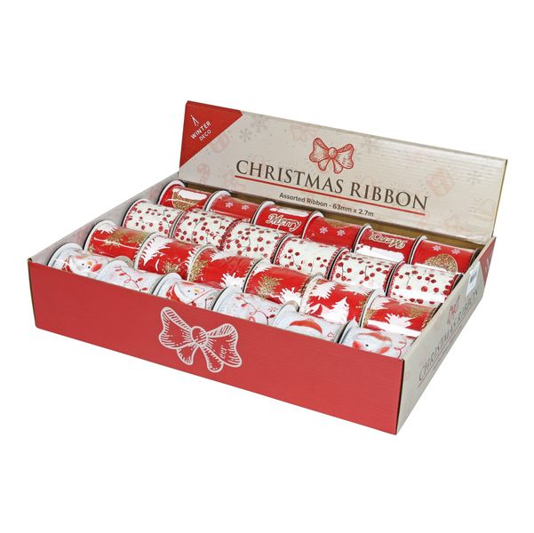 Display Box of 24 Ribbons 63mm x 2.7m Assorted Red