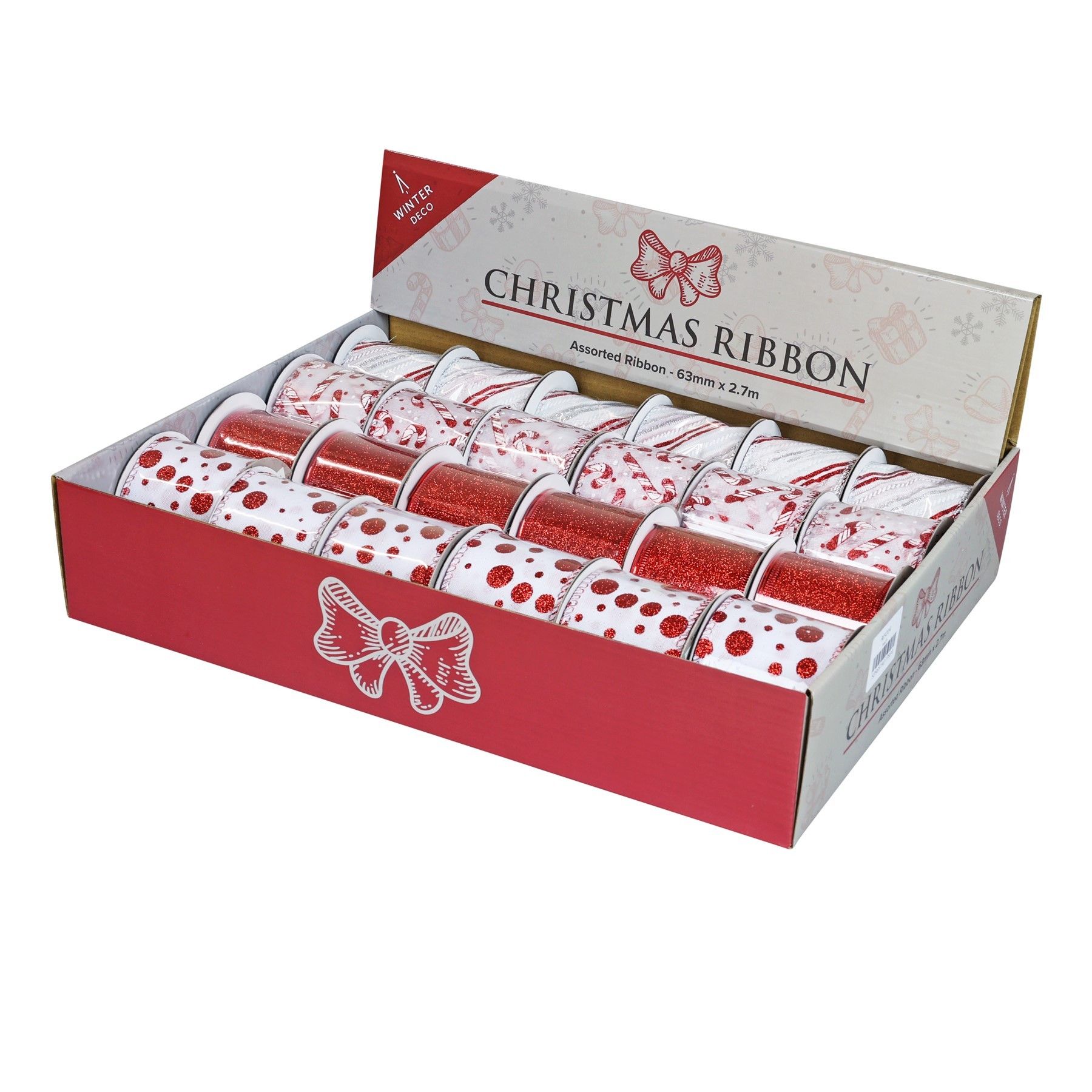 Display Box of 24 Ribbons 63mm x 2.7m assorted Candycane