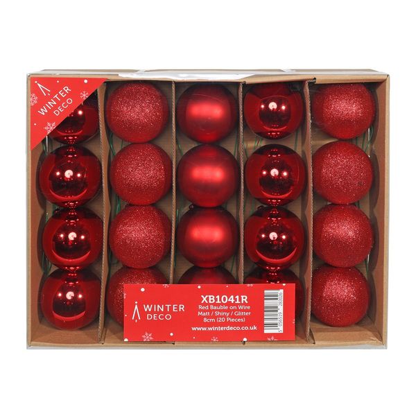 Red Bauble on Wire - Matt / Shiny / Glitter (8cm) (20 Pieces)