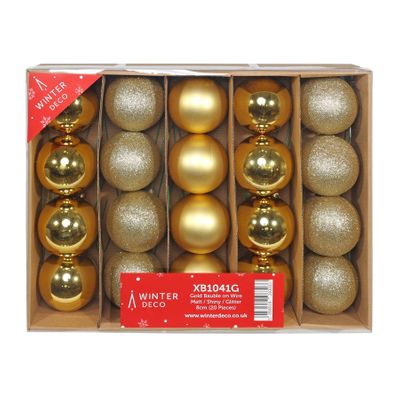 Gold Bauble on Wire - Matt / Shiny / Glitter (8cm) (20 Pieces)