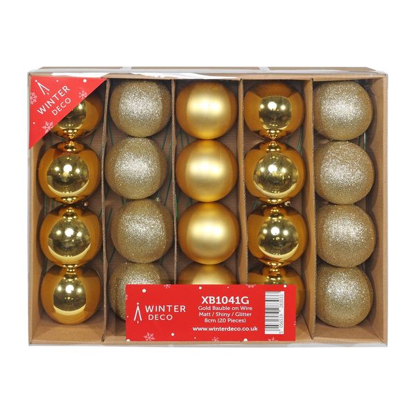 Gold Bauble on Wire - Matt / Shiny / Glitter (8cm) (20 Pieces)