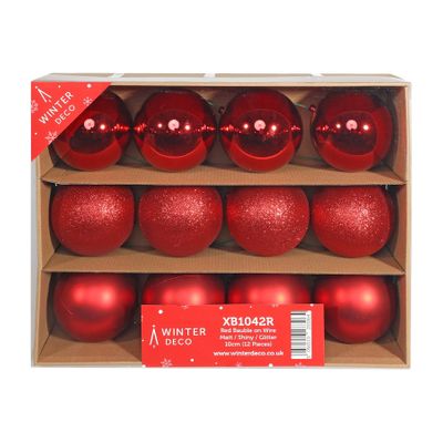 Red Bauble on Wire - Matt / Shiny / Glitter (10cm)  (12 Pieces)