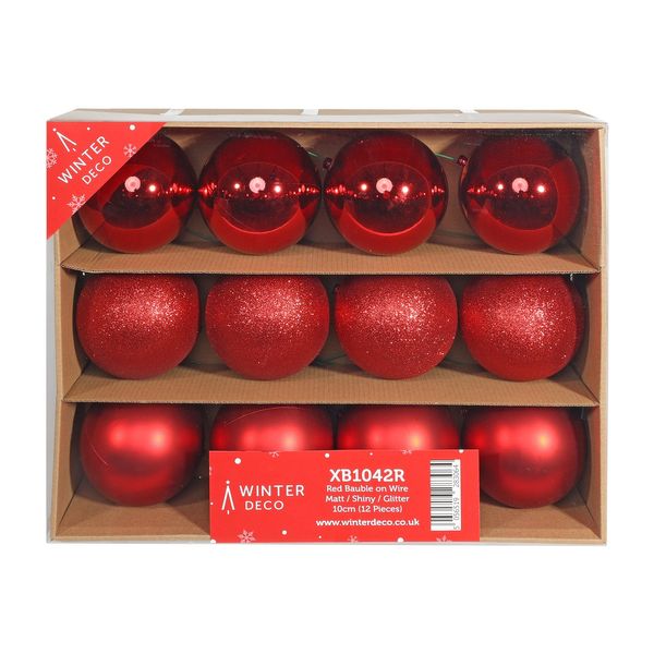 Red Bauble on Wire - Matt / Shiny / Glitter (10cm)  (12 Pieces)