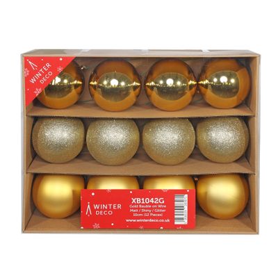 Gold Bauble on Wire - Matt / Shiny / Glitter (10cm)  (12 Pieces)