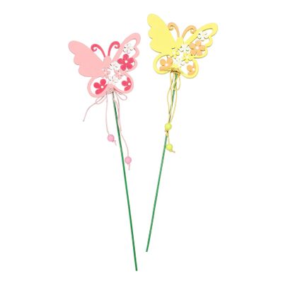 Butterfly and Flower Wooden Pink / Yellow Mix Pick 50cm PK 10