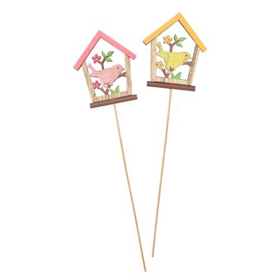 Bird in House Wooden Pick Pink / Yellow Mix 50cm PK10