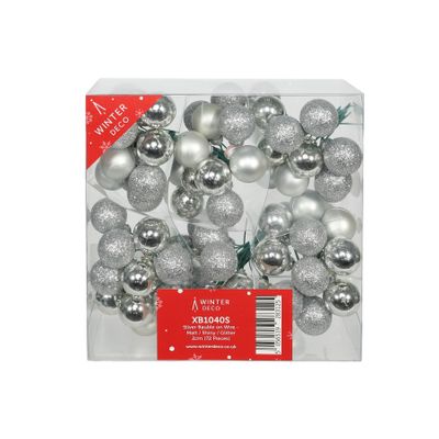 Silver Bauble on Wire - Matt / Shiny / Glitter (2cm) (72 Pieces)