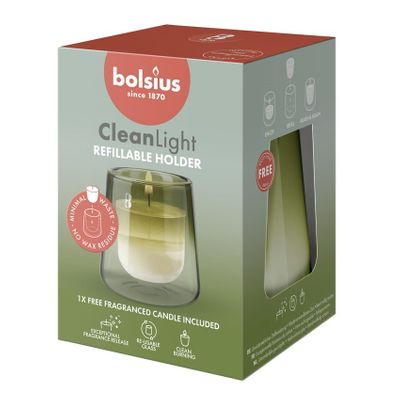 Bolsius Clean Light Starter Kit - Green Glass -Gardenia & Fig