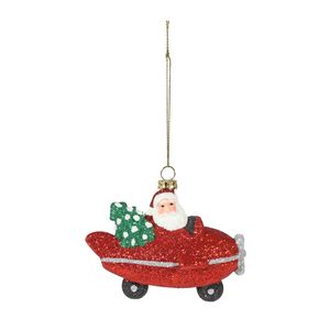 Santa on Plane Hanging Decoration - Glitter - H9cm