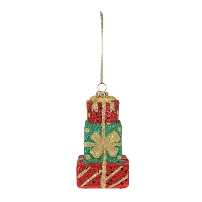 Stacked Gifts Hanging Decoration - Red/Green - H11cm