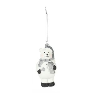 Bear with Gift Hanging Decoration - White/Silver - H13.5cm