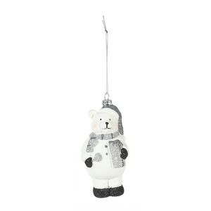 Bear with Gift Hanging Decoration - White/Silver - H13.5cm