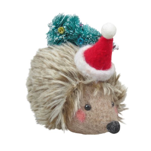 Felt Hedgehog with Xmas Hat and Tree Hanging Decoration  - H5.5cm