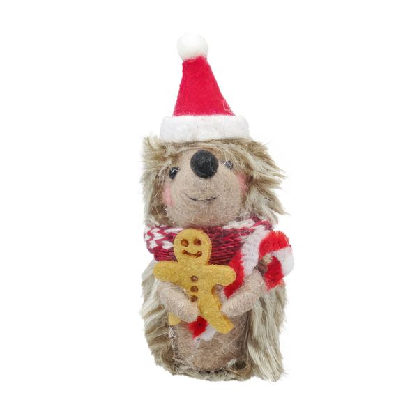 Felt Hedgehog with Xmas Hat and Gingerbread Man Hanging Decoration - H10cm