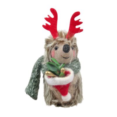 Felt Hedgehog with Antlers and Xmas Hat Hanging Decoration  - H10cm