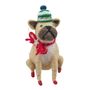 Felt Pug with Knitted Hat and Red Bow Collar Hanging Decoration -H11cm