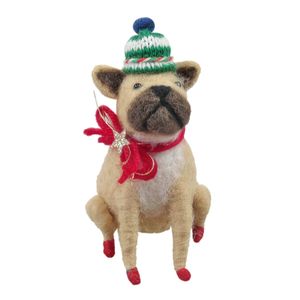 Felt Pug with Knitted Hat and Red Bow Collar Hanging Decoration -H11cm