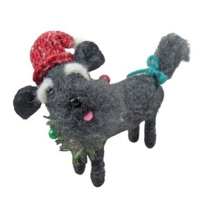 Felt Schnauzer with Xmas Hat and Wreath Collar Hanging Decoration - H 10cm