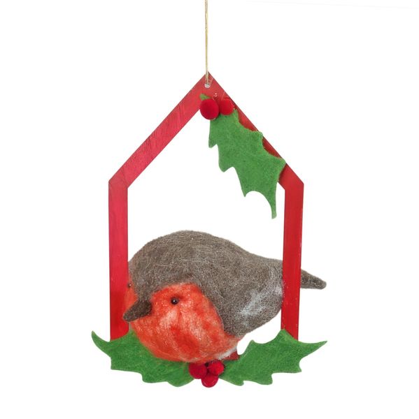 Felt Robin on a Perch with Holly Trim Hanging Decoration - H17cm