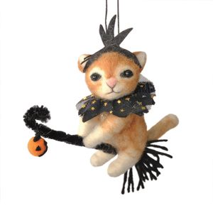 Felt Fancy Ginger Cat on a Broomstick  Hanging Decoration - H15.5cm