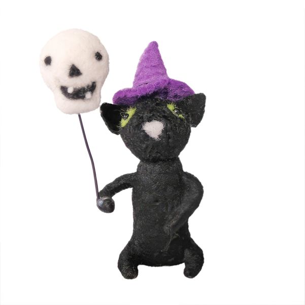 Felt Black Cat with Skull on Stick Hanging Decoration - 12.5cm