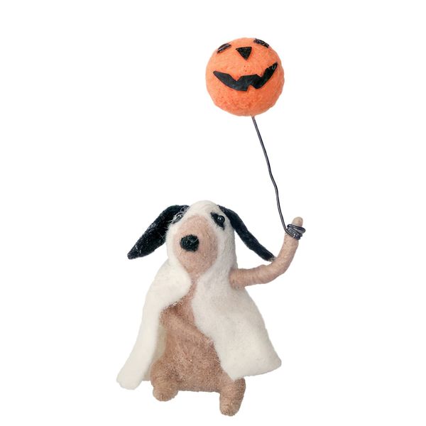 Felt Dog in  Ghost Costume with Pumpkin Hanging Decoration - H 15.5cm