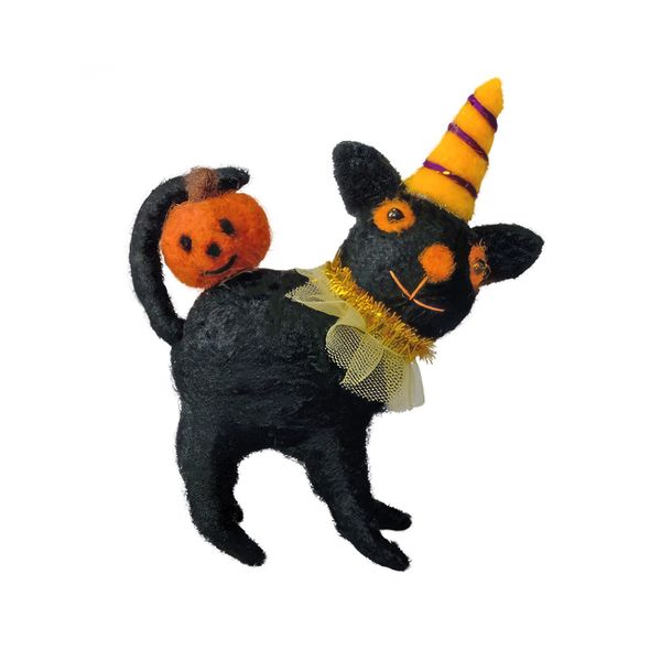 Felt Black Cat with Pumpkin & Hat  Hanging Decoration - 11.5cm