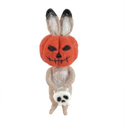 Felt  Rabbit with Pumpkin Mask and Skull Bag  Hanging Decoration- H15cm