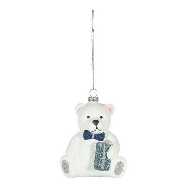 Sitting Bear with Gift Hanging Decoration - White/Blue - H11cm