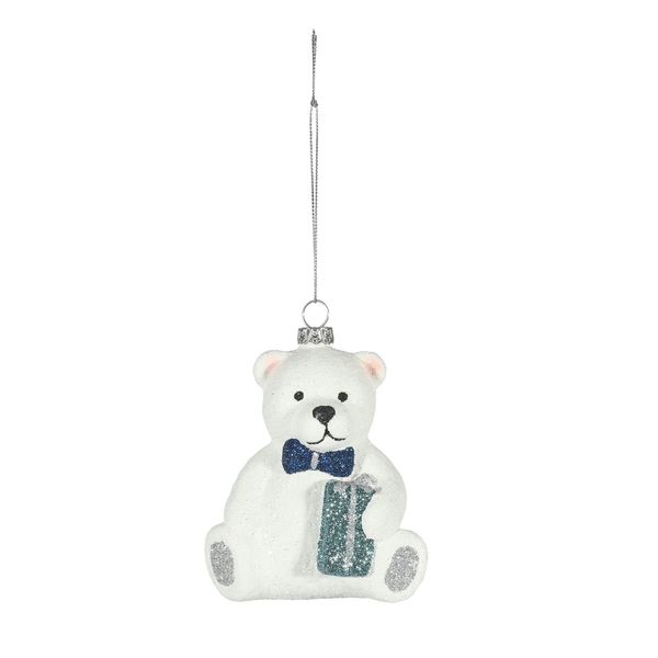 Sitting Bear with Gift Hanging Decoration - White/Blue - H11cm