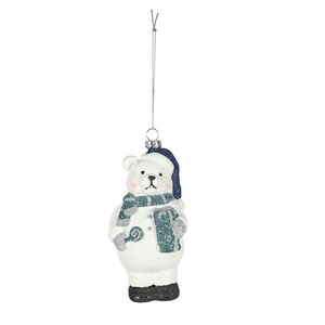 Bear with Gift Hanging Decoration - White/Blue - H13.5cm