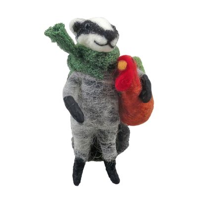 Felt Badger Holding a Turkey Hanging Decoration - H11cm