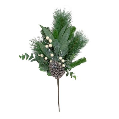 Mixed Pine Spray with white Berries & Cones - 48cm