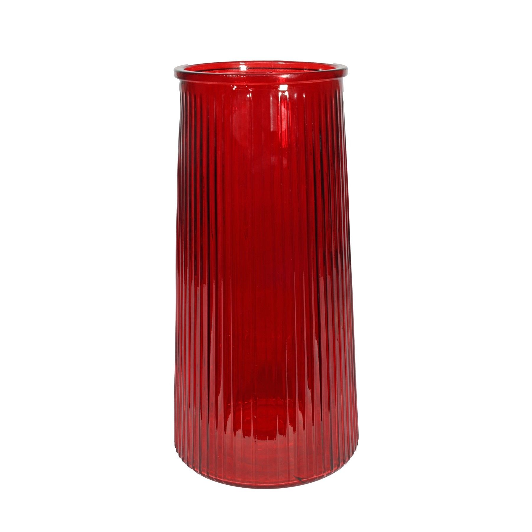 Tall Ribbed Graduated  Glass Vase - Red - H32cm