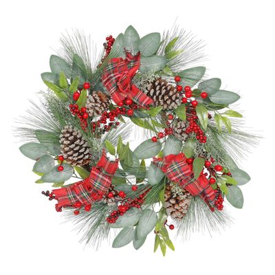 Luxury Rattan Wreath Frosted Cones Tartan Bows & Red Berries - 60cm