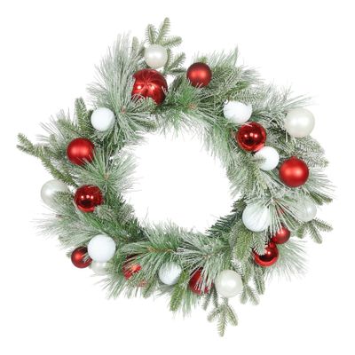 Snowy Mixed Foliage Bauble Wreath - Red/White - 60cm