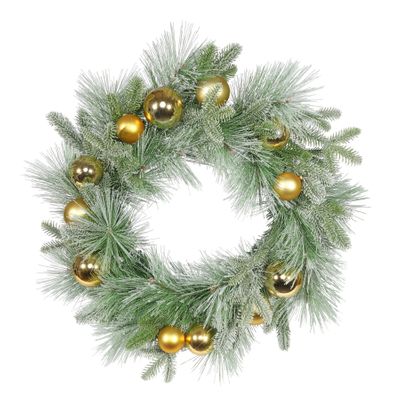 Snowy Mixed Foliage Bauble Wreath - Gold - 60cm