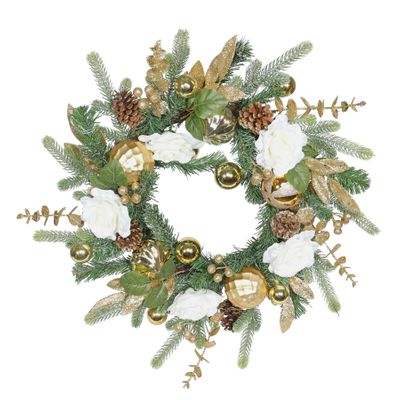 Cream Rose & Gold Bauble Wreath - 60cm 