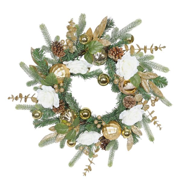 Cream Rose & Gold Bauble Wreath - 60cm 