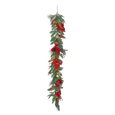 Poinsettia Garland with Baubles -  Red/Gold - 180cm