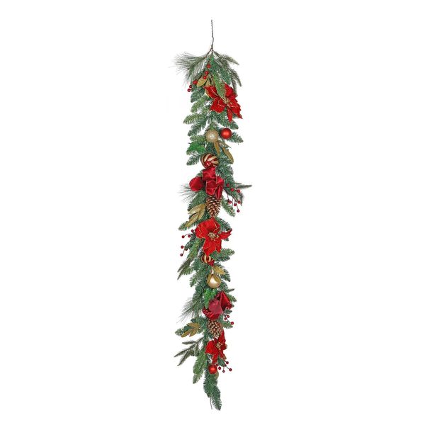 Poinsettia Garland with Baubles -  Red/Gold - 180cm