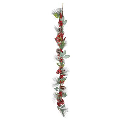 Luxury Rattan Garland Frosted Cones Tartan bows & Red Berries - 180cm